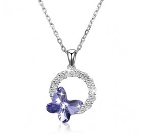 S925 Sterling Silver Butterfly Romantic Round Pendant Necklace