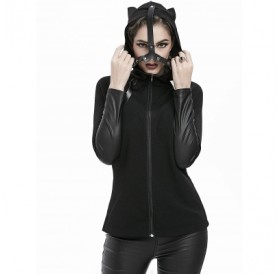 Cat Ear Faux Leather Panel Hooded Jacket