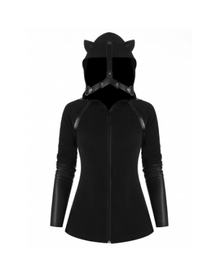 Cat Ear Faux Leather Panel Hooded Jacket